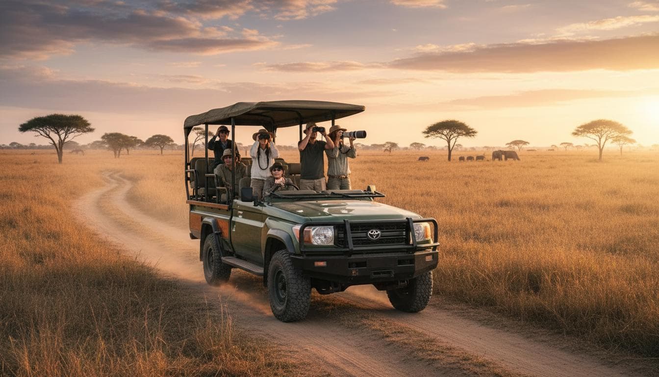 Safari vehicle at golden hour